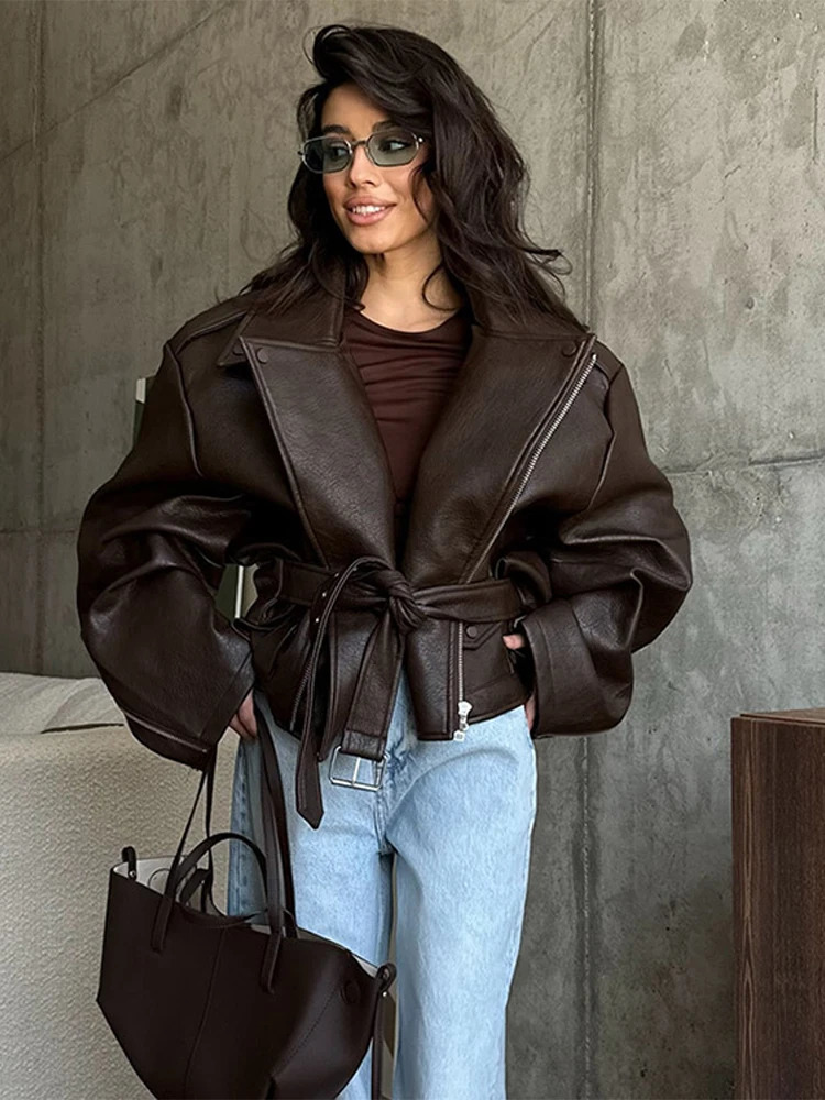 With Belt Leather Jacket Coat Lace Up Waist Cinched Suit Collar Slimming Zipper Biker Jackets Outwear Women Overcoat Streetwear 250715