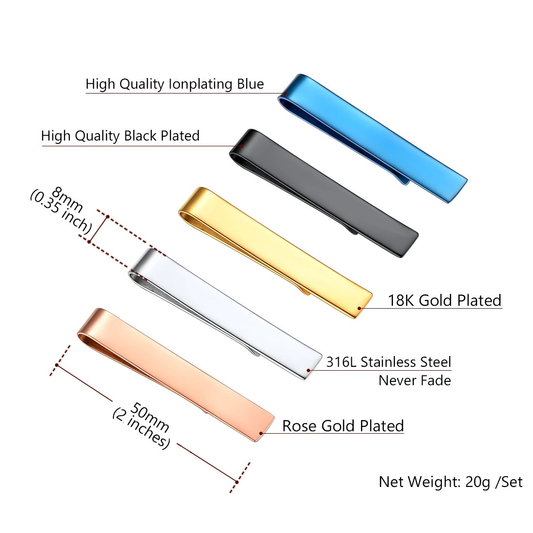 U7 Stainless Steel 5pcsset Tie Clips for Men Flat Clip Silver Color Mix Necktie Gift Him Daily Jewelry Set 250715