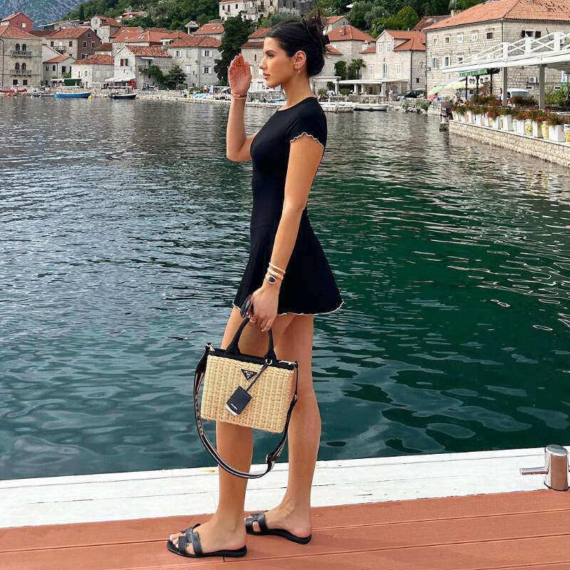 Autumn New Women's Fashion Color-Block Wave Edge Round Neck Short Sleeve Mini Bodycon Dress B5