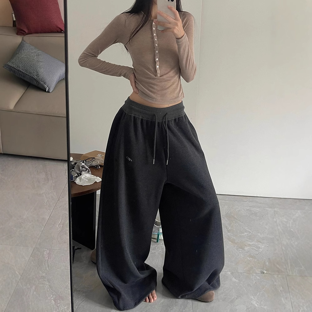 American Style Sports Casual for Women, Autumn Thin Sweatpants, Wide-Leg Pants, Draped Floor-Length Loose Plus Size Long Pants