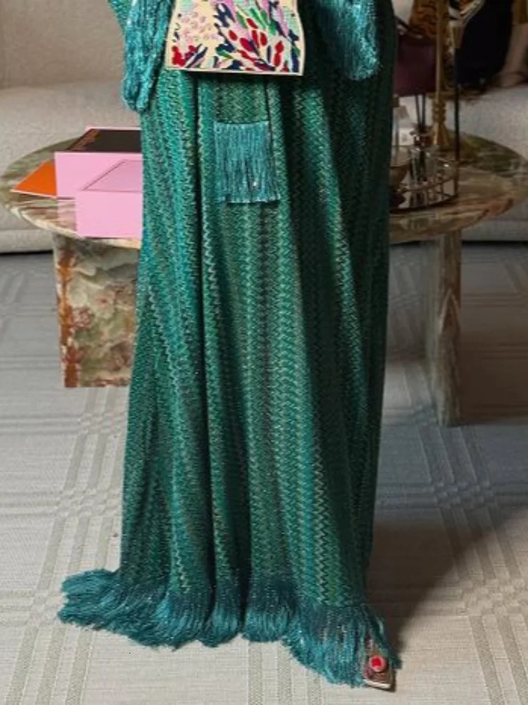 Sequins Tassels Patchwork Blouse Dress Sets Women Skew Collar One-shoulder Sleeve Oversize Pullover Long Dress Suits Knit Summer 250715