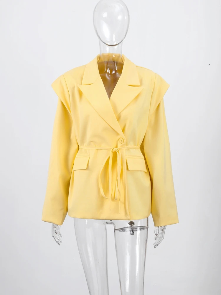 Elegant Solid Lapel Blazer Jackets Women Long Sleeve Single Button Lace Up Coats 2025 Spring Autumn Fashion Street Lady Jacket 250715