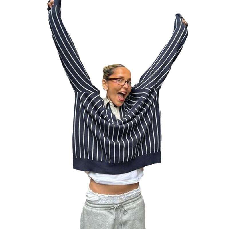 American Street Style Striped Polo Collar Loose Casual Sweatshirt Trendy Brand Hot Girl Lazy Color Block Top B5