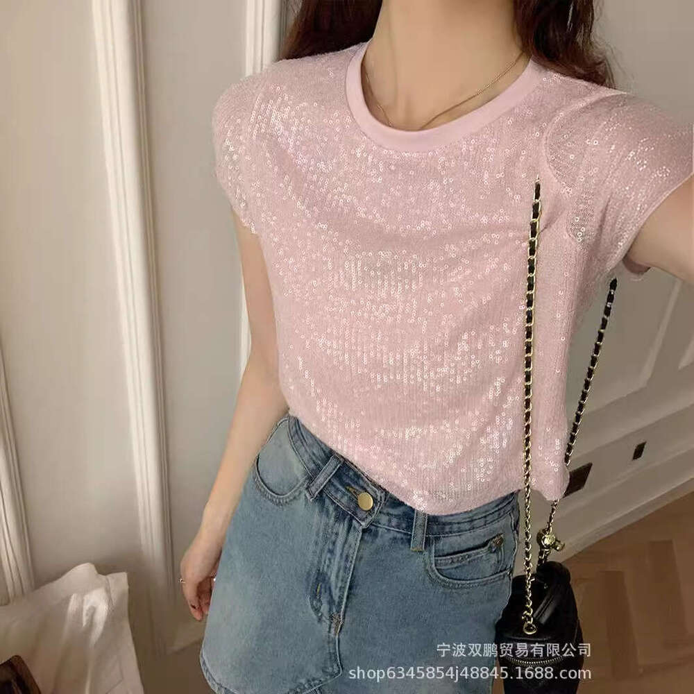 Summer New Sequin Short Sleeve Ins Style Mesh Top Women's Macaron Color B5