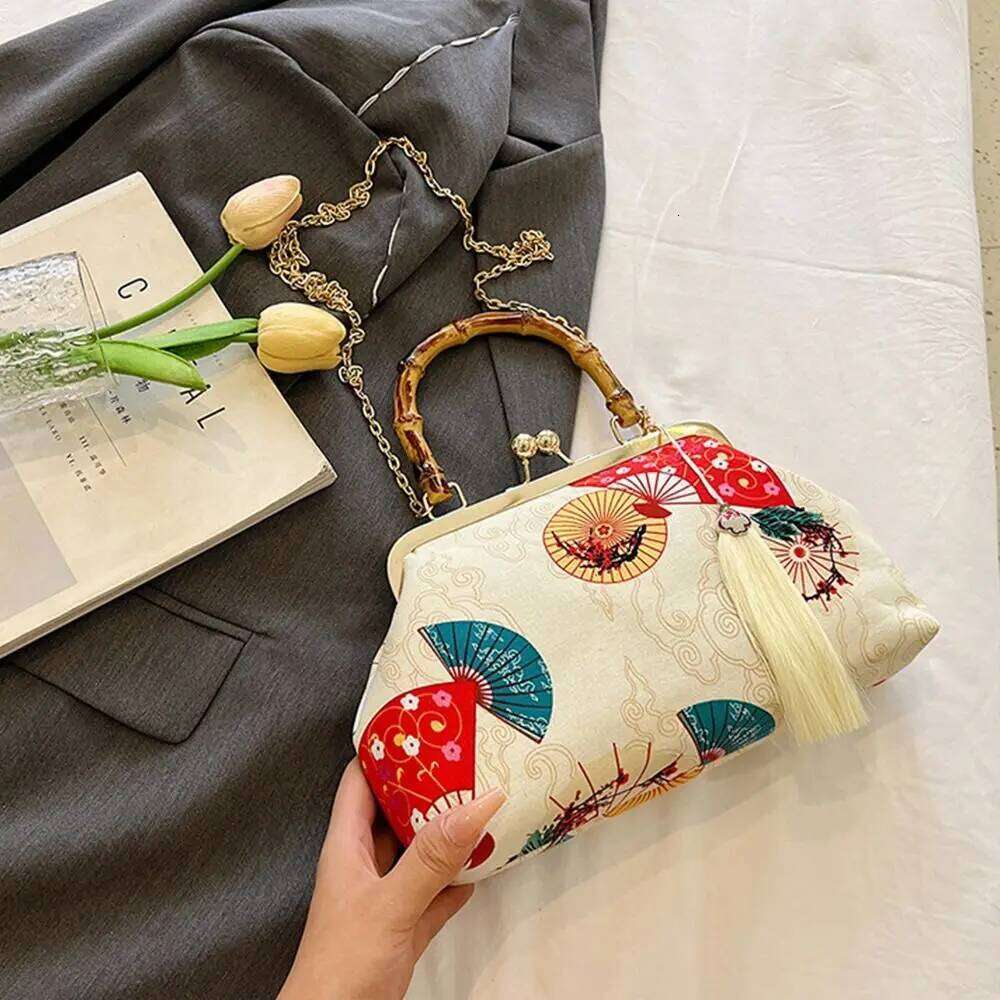 Rattan Handle Evening Clutch Red Crowned Crane Print Tassel Chain Shoulder Bags Crossbody Bag For Women Bride Wedding