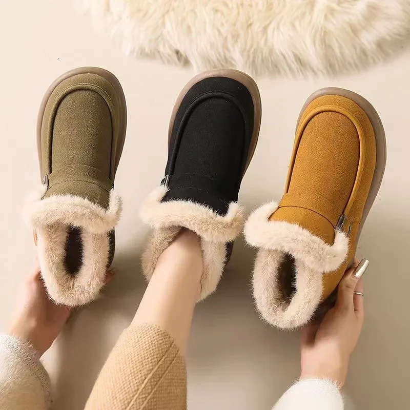 Winter Womens Snow Boots Korean Version Plush Comfortable Super Warm Anti Slip Soft Bottom Belt Buckle Womens Shoes 250717