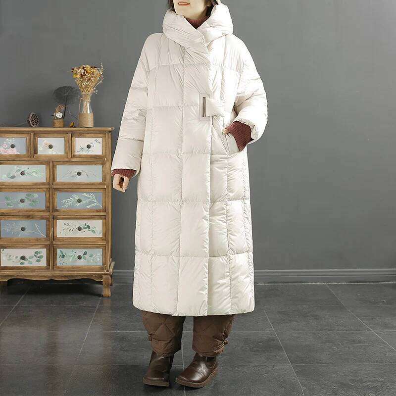 Schinteon Women Down Jacket Casual Loose Over Size Autumn Winter Warm Thick Long Outwear With Removable Hood Solid Color Coat MDNG