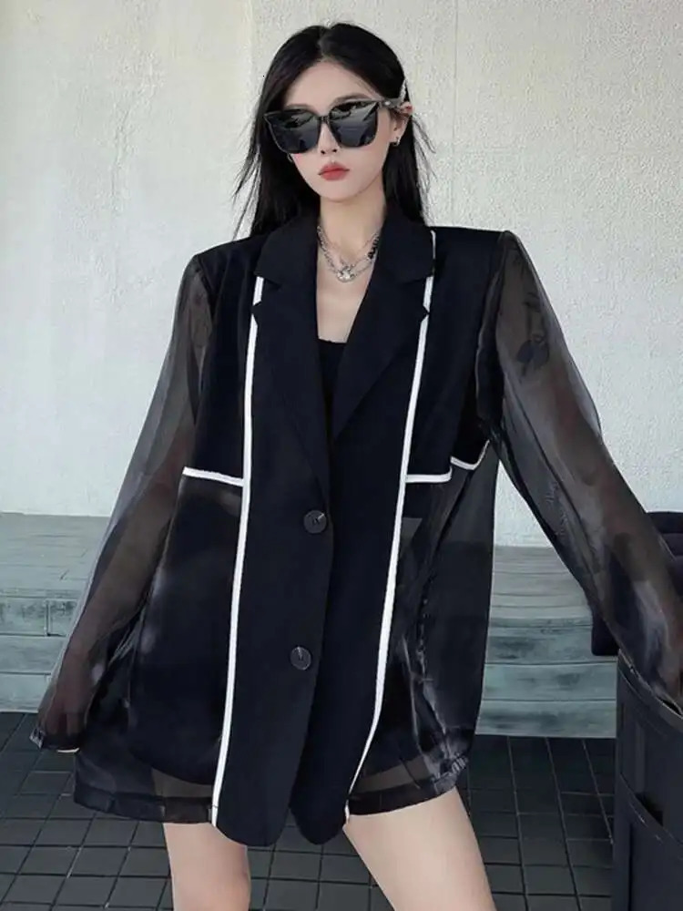30A3464 EAM Women Black Gauze Spliced Big Size Sunscreen Blazer Lapel Long Sleeve Jacket Fashion Spring Summer 250703