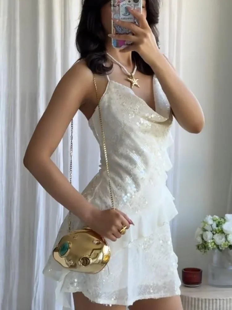 Fashion Glitter Sequin Ruffle Sling Mini Dress For Women Elegant Sleeveless Backless Short Suspender Dress Summer Party Vestidos 250715