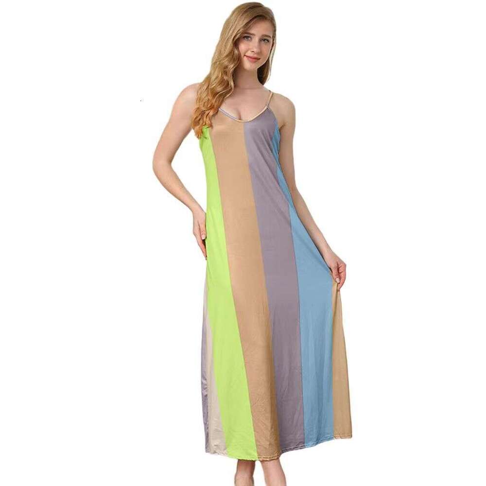 Women's Colorful Fabric Patchwork Round Neck Sweet Fresh Girl Style Long Dress Macaron B5