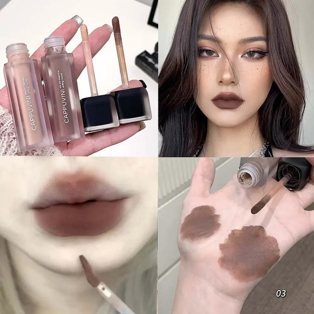 Punk Black Gothic Lip Gloss Matte Dark Brown Lipstick Nude Lip Tint Waterproof Velvet Liquid Lipstick Lip Satin Korean Cosmetics 250716