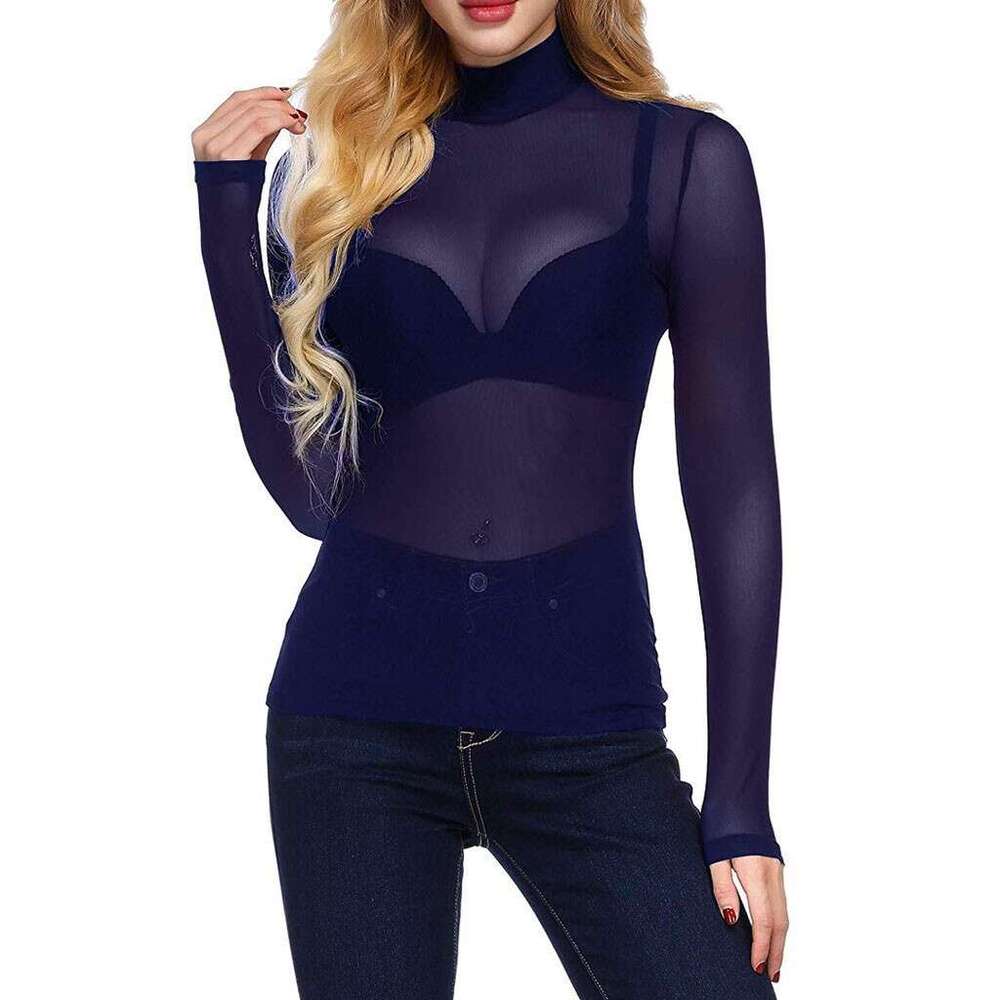 Summer Women's Sexy Ultra-Thin Mesh Stretch Tight-Fitting Long-Sleeve Half-High Collar Base Shirt B5