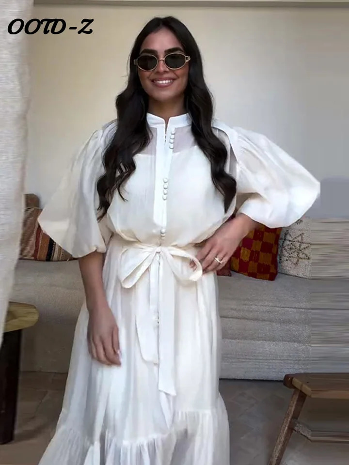 Elegant Lace Up Solid Women Dresses Party Ruffles Puff Sleeve Single Breasted Female Dress 2025 Summer Lady Maxi Vestidos 250715