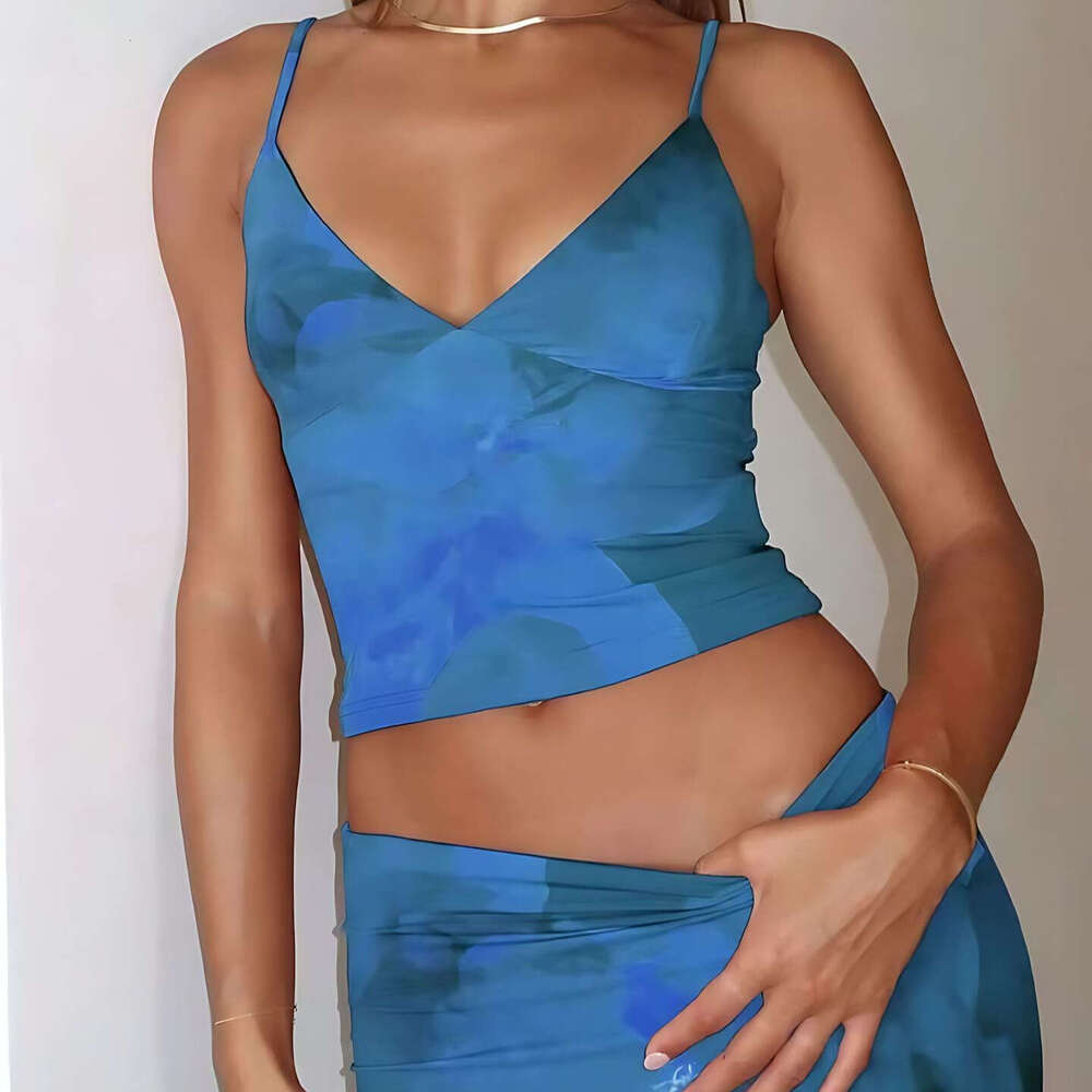 Women's Vacation Style Hot Girl Sexy V-Neck Strap Polyester Printed Slim Fit Skirt Set B5 g5