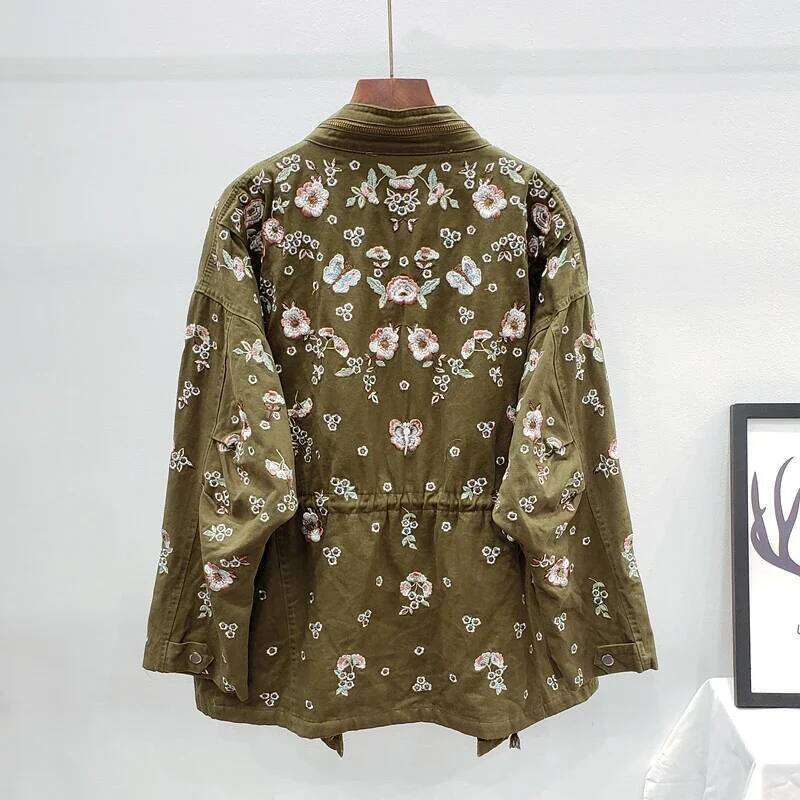 Spring New Streetwear Fashion Embroidery Flowers Beading Trench Coat Women Mid Long Tooling Drawstring Black Windbreaker Female