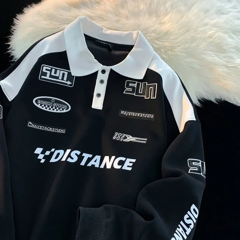 Spring Autumn Polo Shirt Korean Vintage Sweatshirt Mens Trendy Long Sleeve Lapel Racing Shirt Crossbody Top 250716