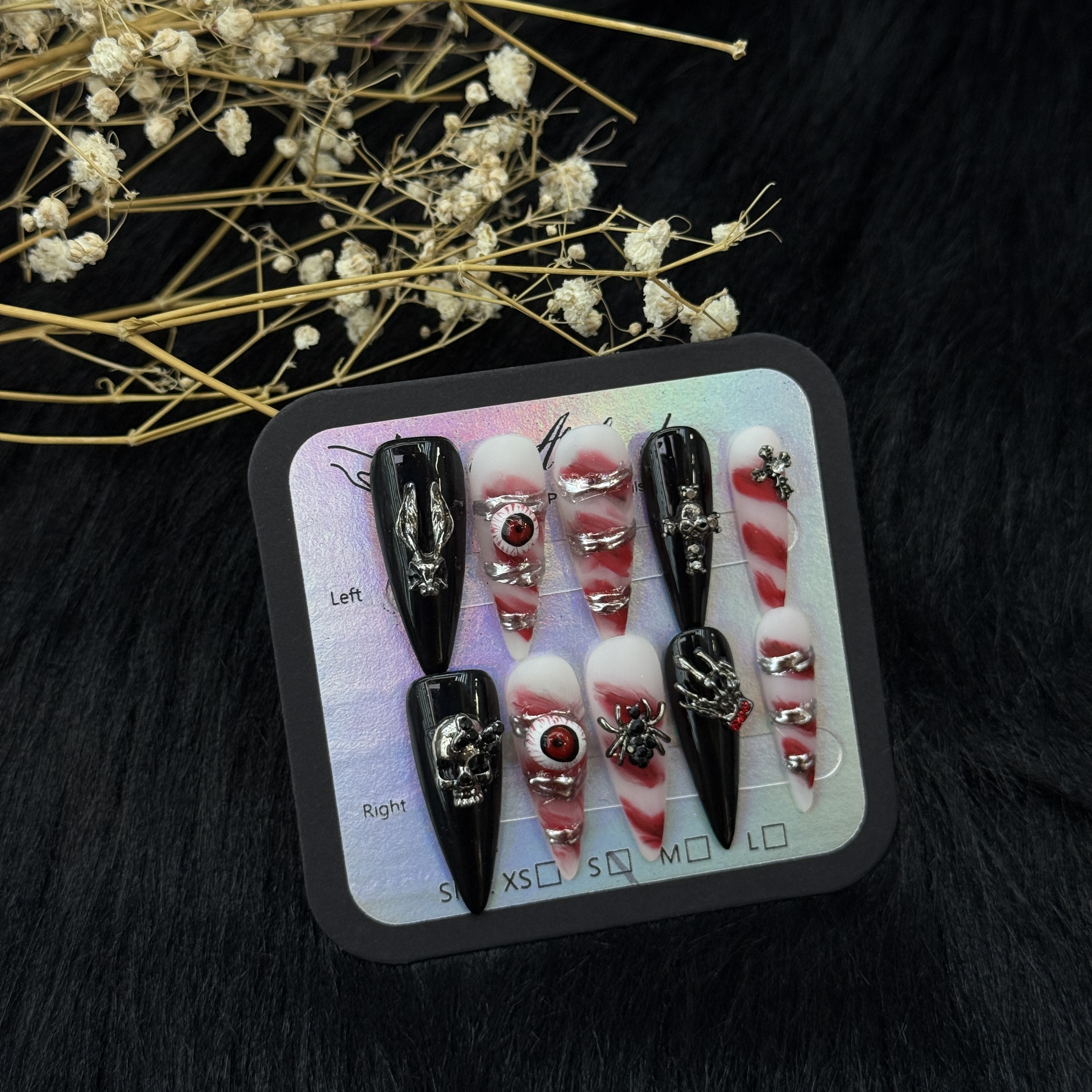False Nails 10pcs Extra Long Stiletto Black Red White Swirl Gothic Halloween Nail Art with Skull Spider Rhinestones Full Cover Press On DIY Handmade p