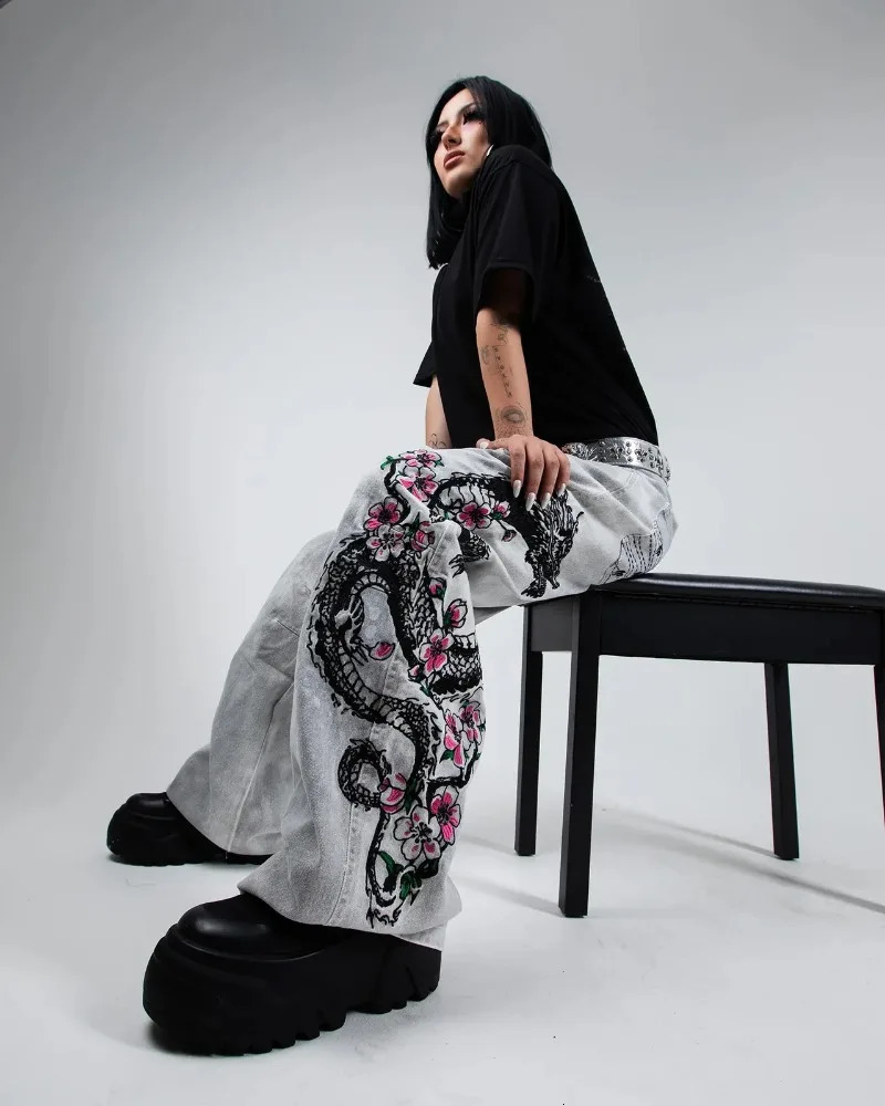 Y2K baggy jeans oversized vintage dragon embroidery pattern black jeans hip hop streetwear gothic Harajuku unisex wide leg pants 250716