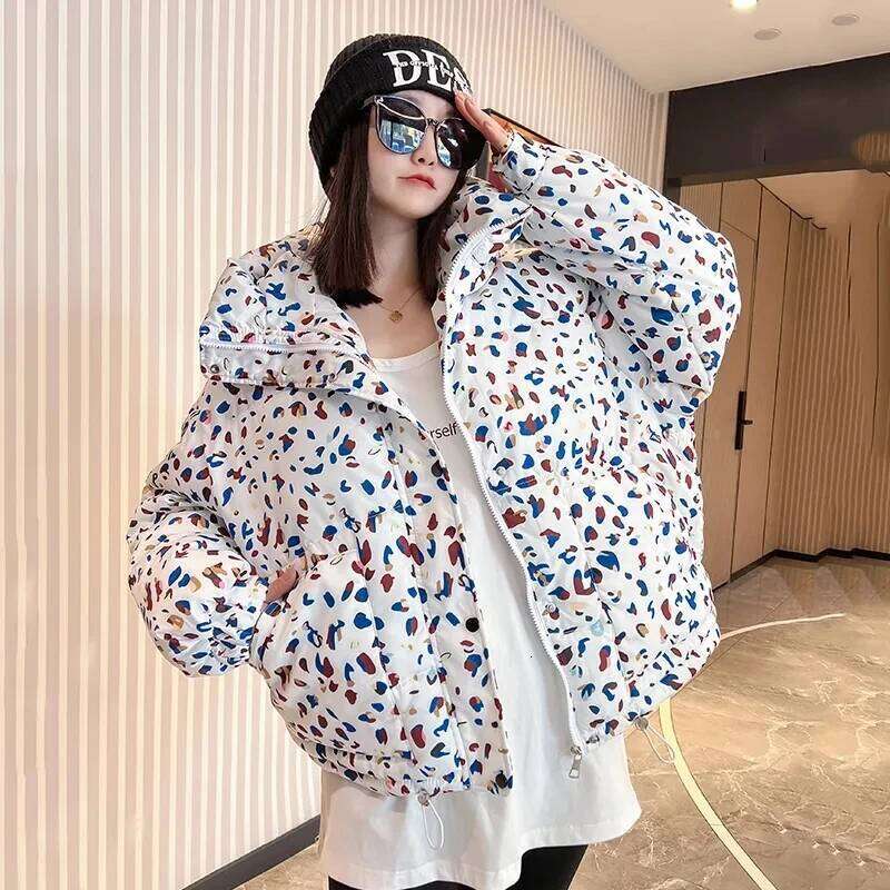 2025 Winter New Print Cotton Jacket Women Streetwear Female Warm Parkas Hooded Down Cotton Coat Korea Loose Short Bread Outwear