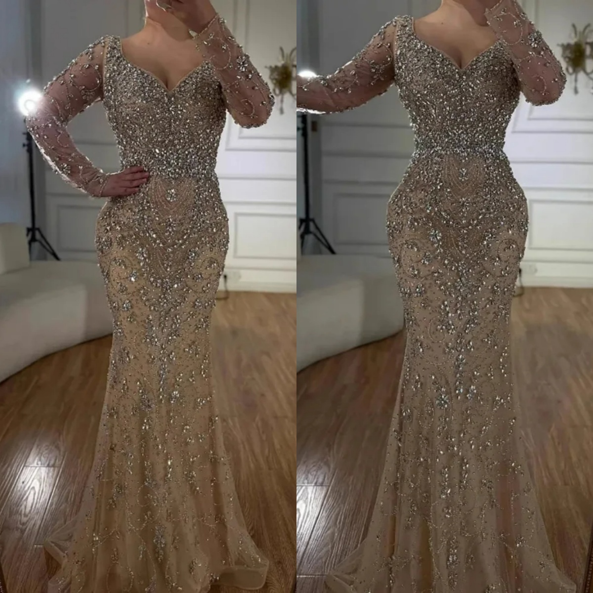Unique Mermaid Evening Dress Sweetheart Neck Long Sleeve Crystal Beaded Prom Gowns Luxury Floor Length Formal Dresses Customized