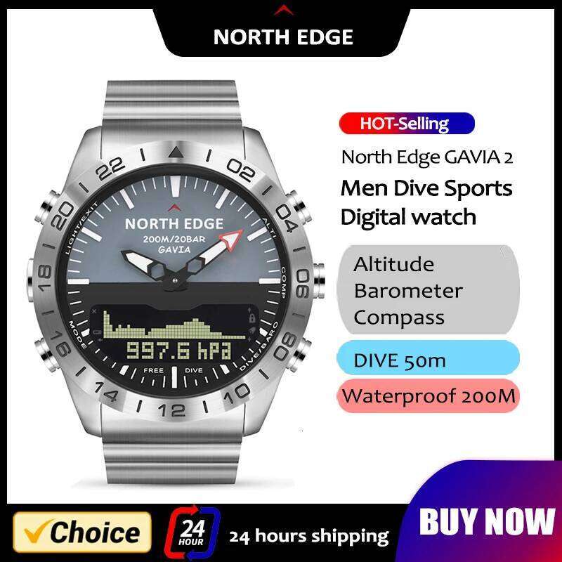 NORTH EDGE Mens Dive Watch Military Army Full Steel Smartwatch Compass Altimeter Barometer Digital Clock Waterproof 200m free shipping