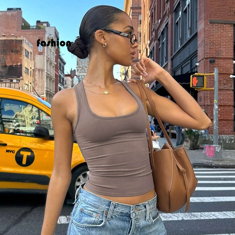 Women's Summer Outer Wear Ribbed High Elastic Racerback Square Round Neck Vest Fitness Yoga Top B5 g7