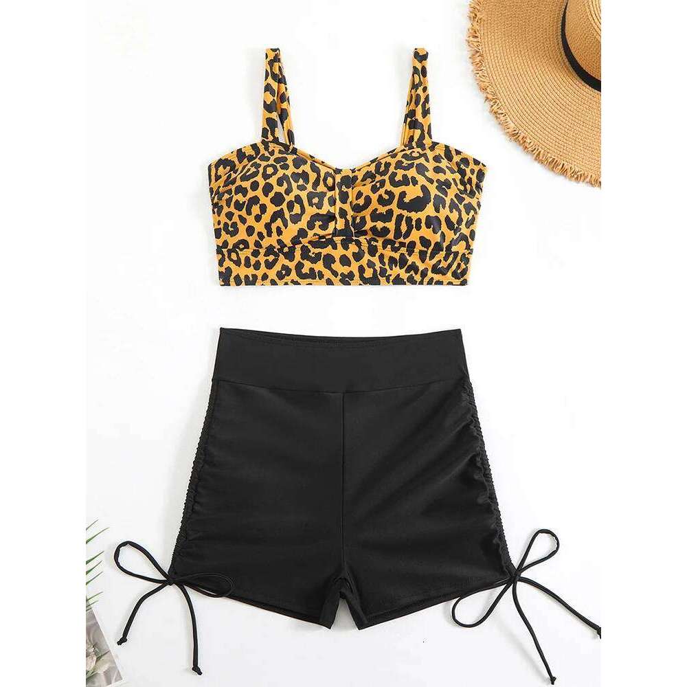 Circyy Cheetah Print Swimwear Women Backless Fashion Bikini Set High Waisted Drawstring Split Swimsuit Summer 2025 New Beachwear