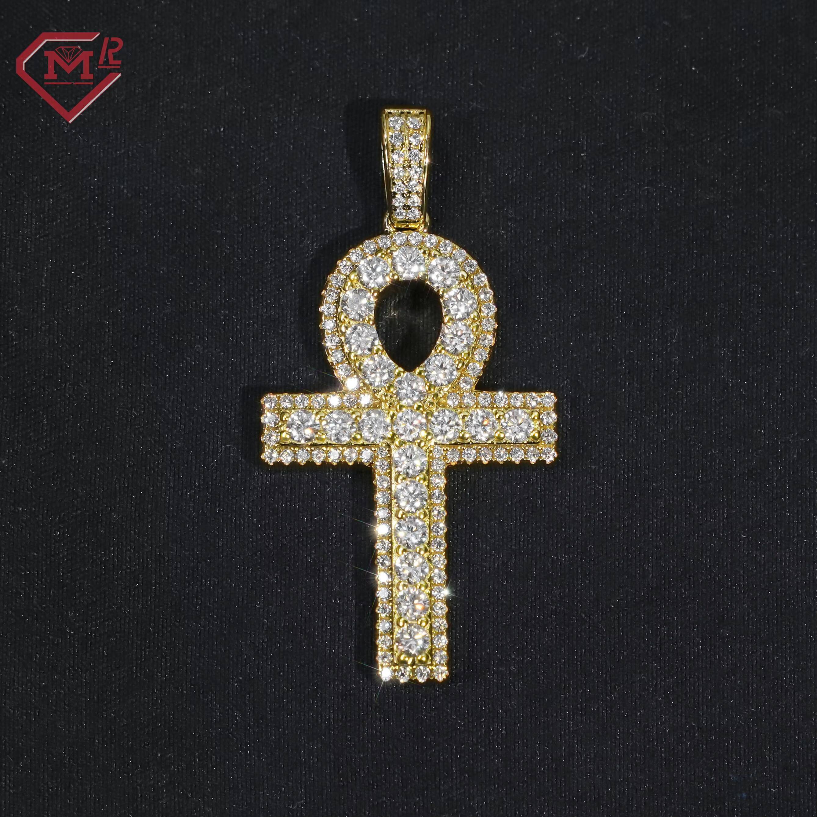 Fully Iced Out Custom Moissanite Pendant Ankh Cross Silver 925 Gold Plated Moissanite Pendant
