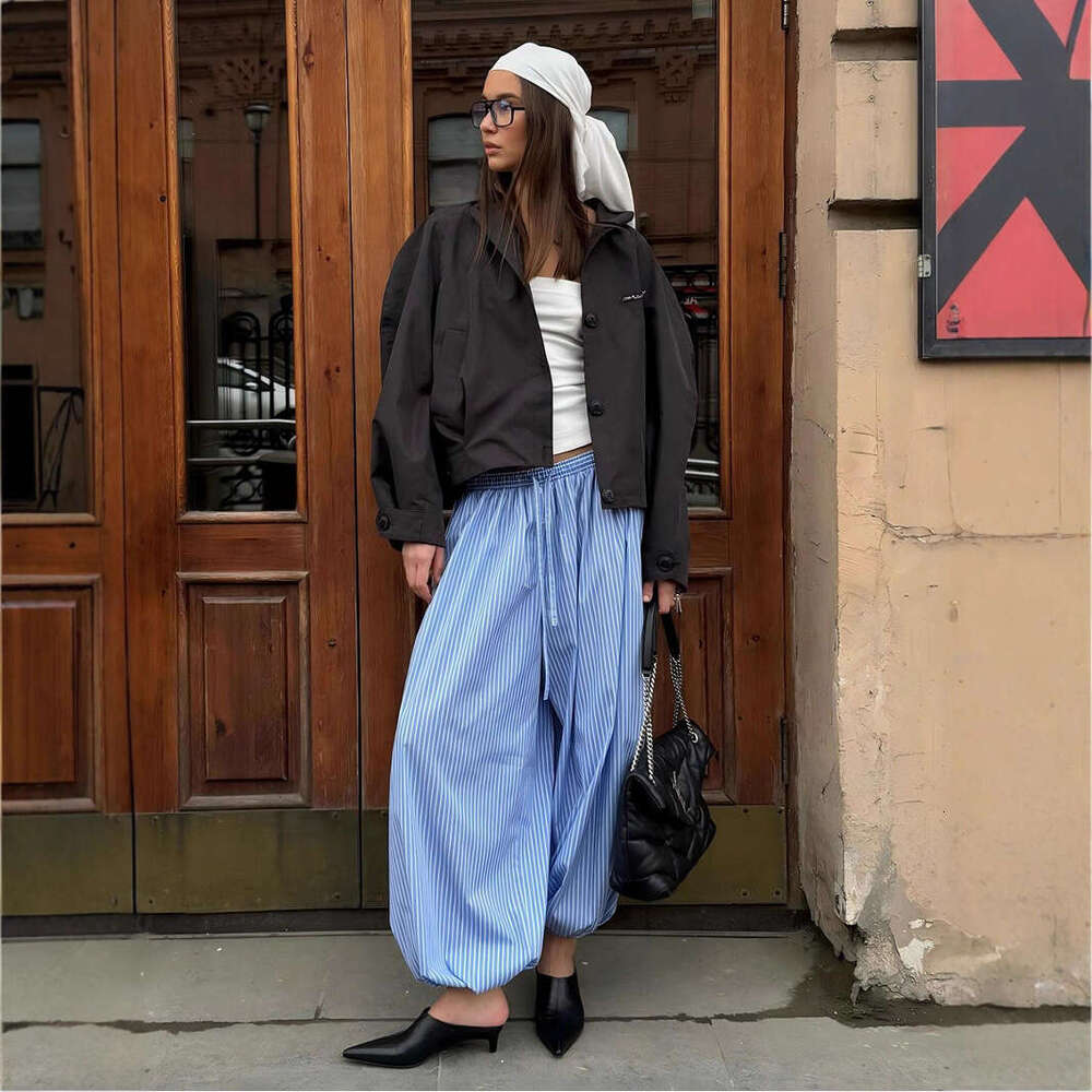 Striped Autumn New Street Style Trendy Loose Versatile Lantern Pants For Women B5