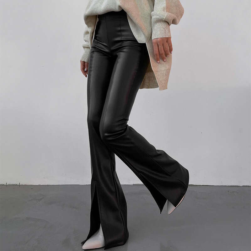 Autumn Winter New PU White Patchwork Slit Sexy Tight Micro Flared Leather Pants For Women B5