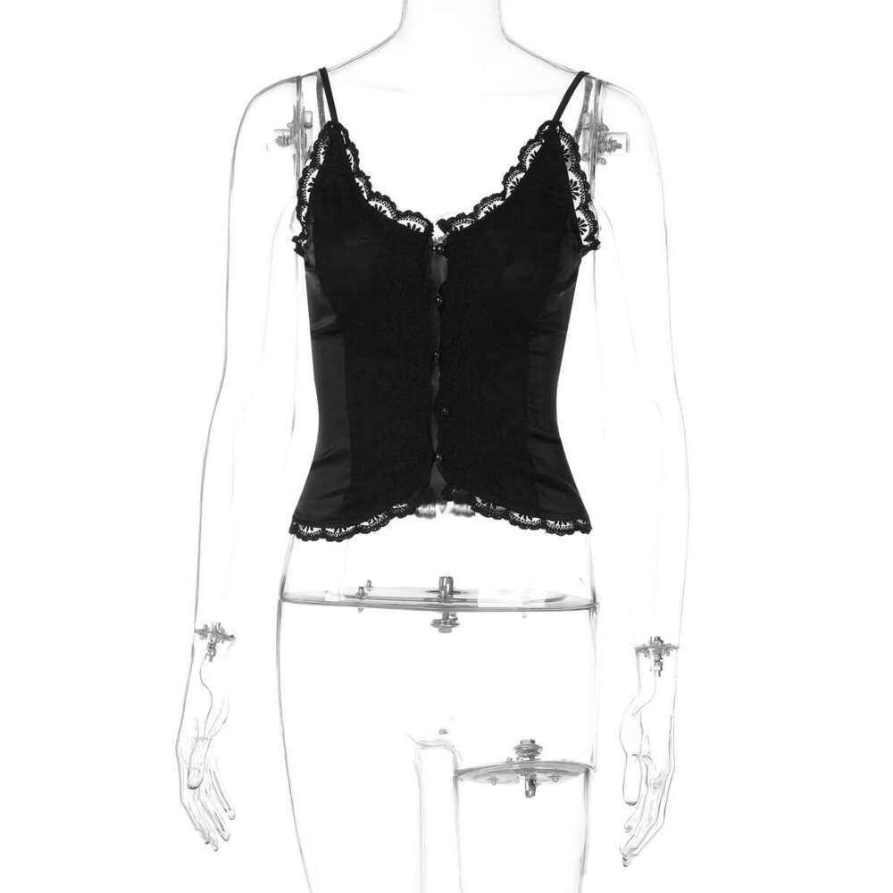 Ins Style Women's American Hot Girl Lace Trim Sexy V-Neck Cardigan Button-Up Camisole Top B5