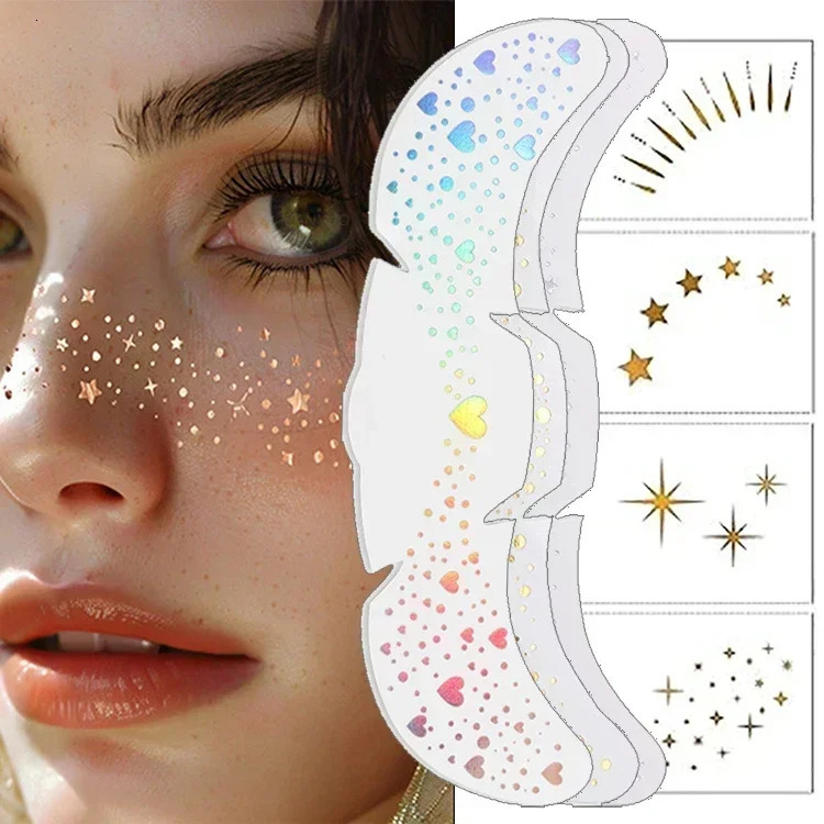6pcs Stamping Freckles Makeup Patches Metallic Radiation Golden Silver Temporary Tattoo Stickers Face 250714