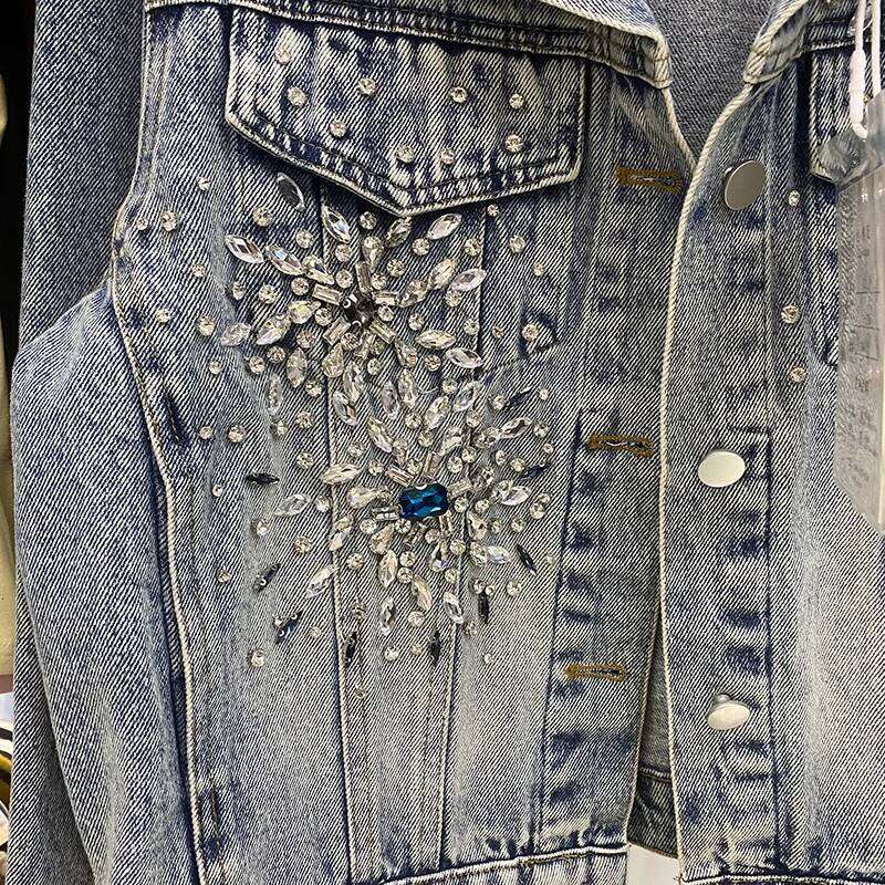 Spring New Fashion Beaded Dia Blue Denim Jacket Lapel Single-Breasted Long Sleeve Loose Casual Female Short Cowboy Outerwear