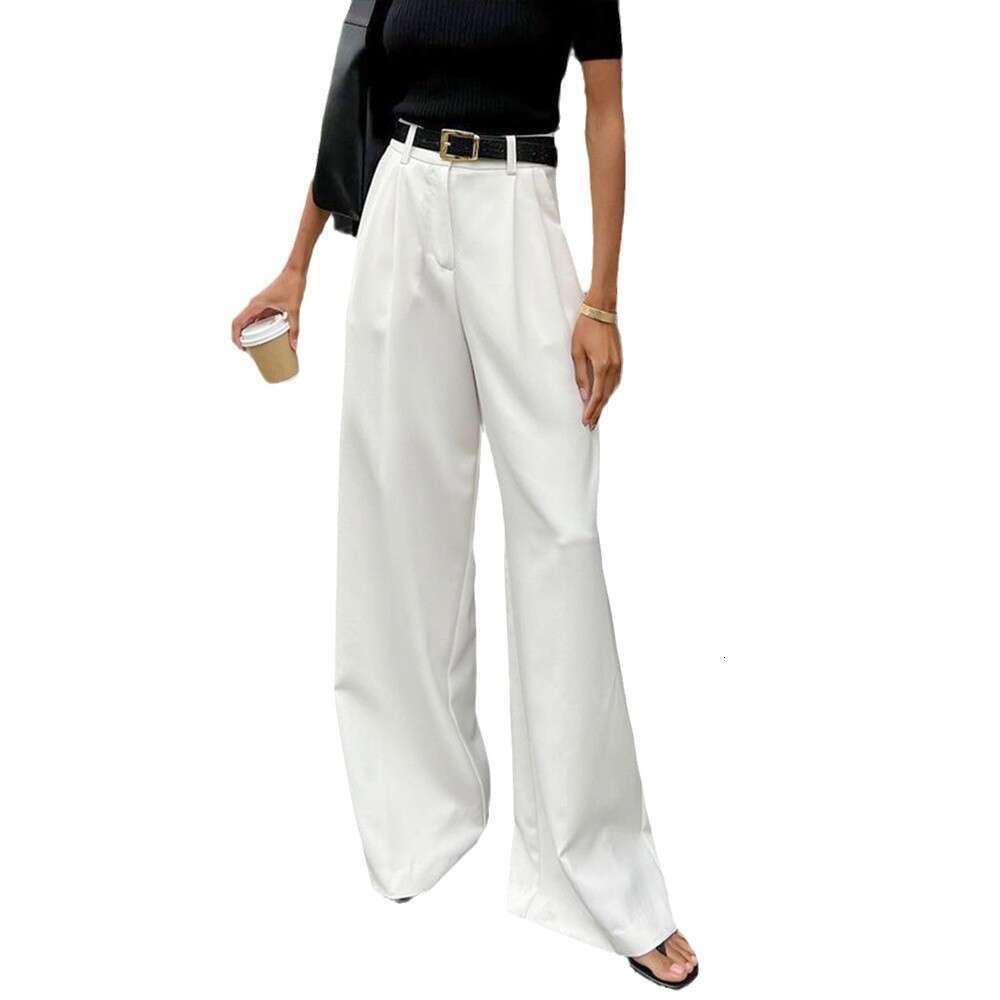 Pure White For Women Spring Summer New High Waist Wide Leg Elegant Commuter Versatile Casual Long Pants B5