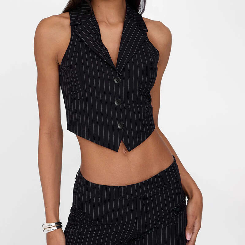 Commuting Style Striped Suit Elegant V-Neck Sleeveless Vest Loose Straight-Leg Pants Two-Piece Set B5 g7
