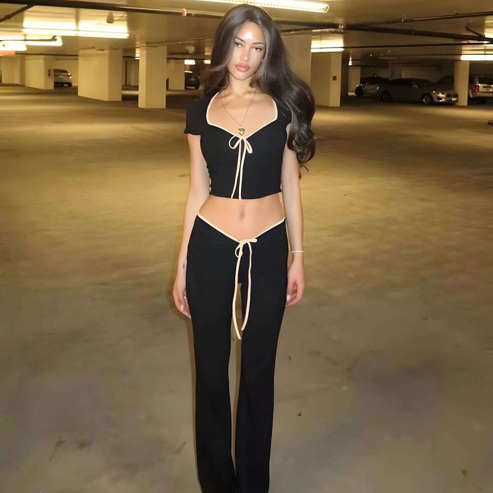 American Style Fashion With Bow Tie, Crop Top, Low Waist Flared Pants, Women's Two-Piece Set B5