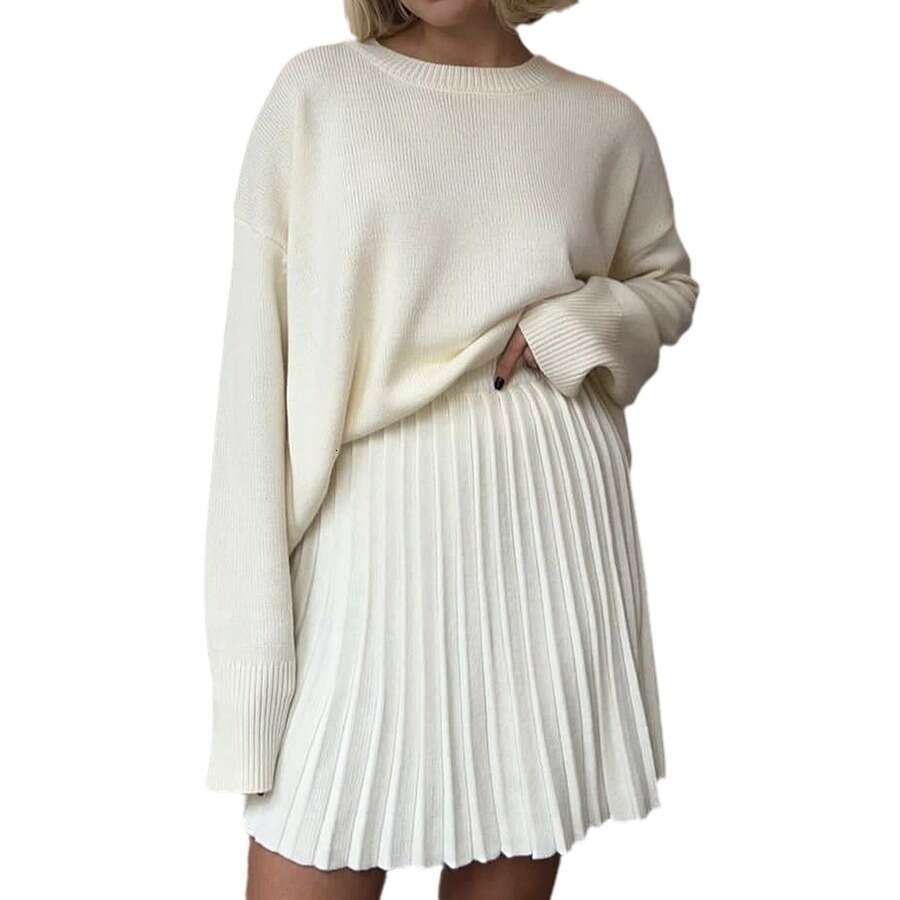 Russian Solid Color Round Neck Sweater And Pleated For Women New Style Knitted Short Skirt Set B5