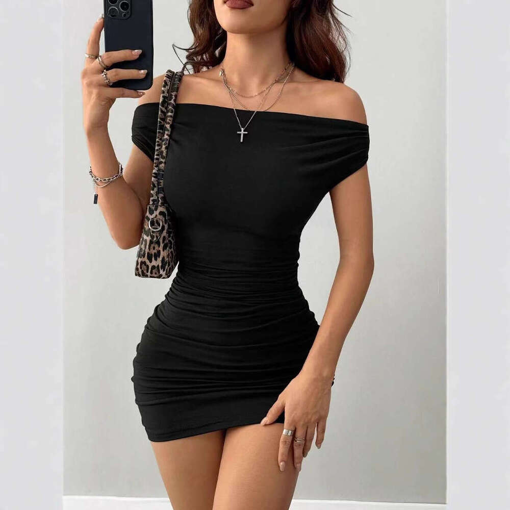 Summer Elegant Off-Shoulder New Slim Fit Bodycon Pleated Short Dress For Women B5 g5