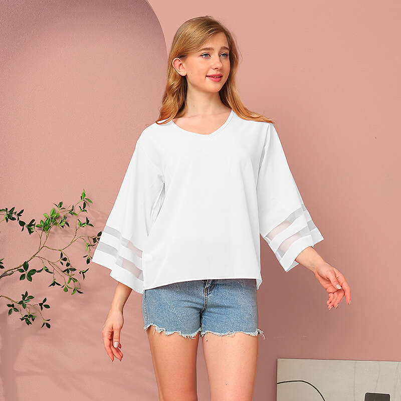 Summer New Women's Loose V-Neck Mesh Patchwork Sweet Fresh Girl Style Chiffon Blouse B5 g5