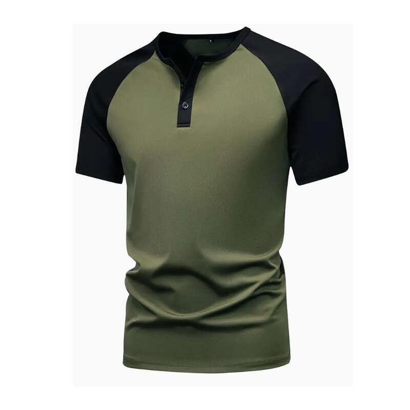 Summer Men's T-Shirt Trendy Brand Color Block Henley Shirt Crew Neck Casual Versatile Sports Short Sleeve B5
