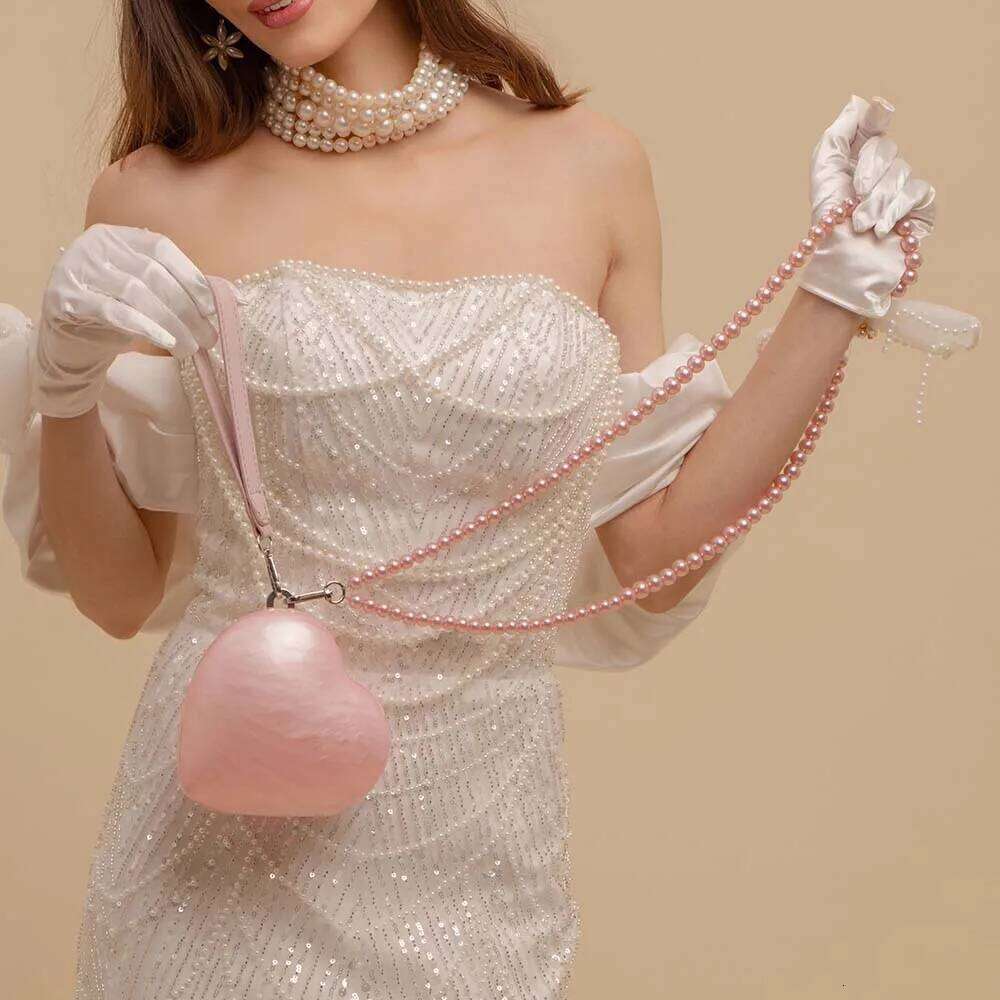 Women Acrylic Mini Marble Pink Small Heart Evening Clutch Bag With Beaded Strap For Wedding Party Purse And Handbag