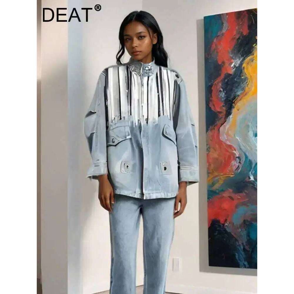 DEAT 2024 Autumn Trendy Fashion Women Striped Sequins Design Loose Denim Coat Turn-Down Collar Long Sleeve Jacket Female 29L8081