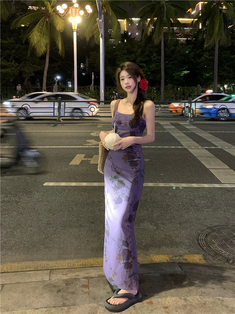 X2130 suspender floral dress women's summer 2024 new style high-end temperament waist long skirt