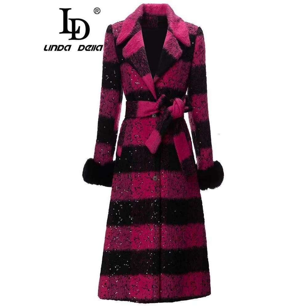LD LINDA DELLA Winter Fashion Warm Women Color Match Single-Breasted Belt Sequin Detachable Feather Long Sleeve Coat
