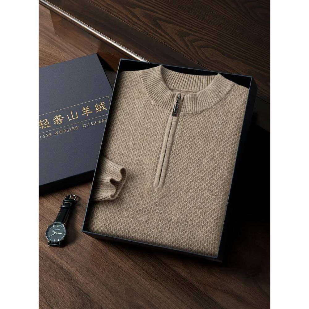 New Men's 100% Goat Cashmere Sweaters O-Neck Half Zipper Pullovers Autumn Winter Light Men Large Size Knitwear Jumpers