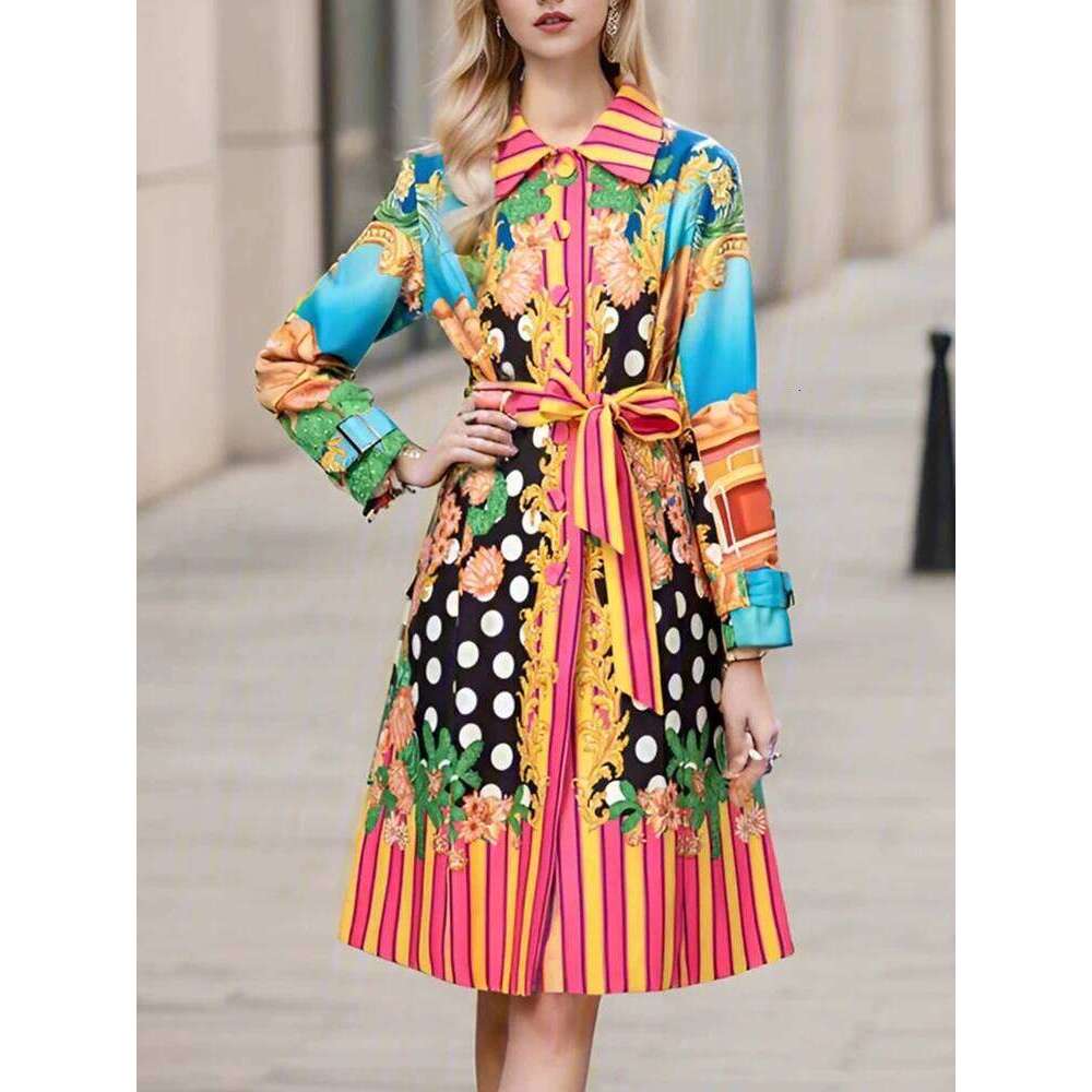 Retro Autumn New Printed Lapel Single-Breasted Long-Sleeved Lace-Up Trench Temperament Fashion Joker Ladies Coat Dress.