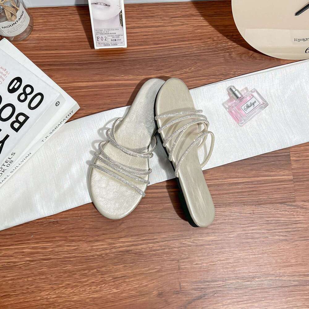 Flat for Women, Outdoor Wear, High-End Feel, Summer Versatile One-Strap Rhinestone Sandals, Fairy Style Women's Sandals