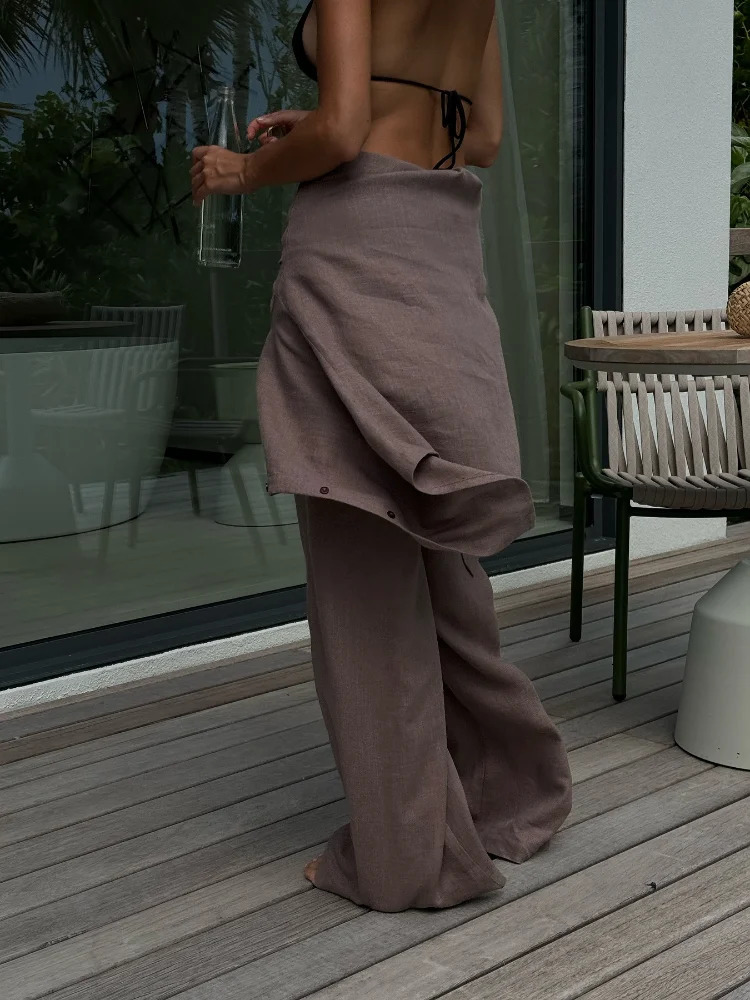 Elegant Cotton Linen Lapel Shirts Set Casual Elastic High Waist Solid Womens Loose Trousers Suit 2025 Lady 2 Piece Outfits 250715