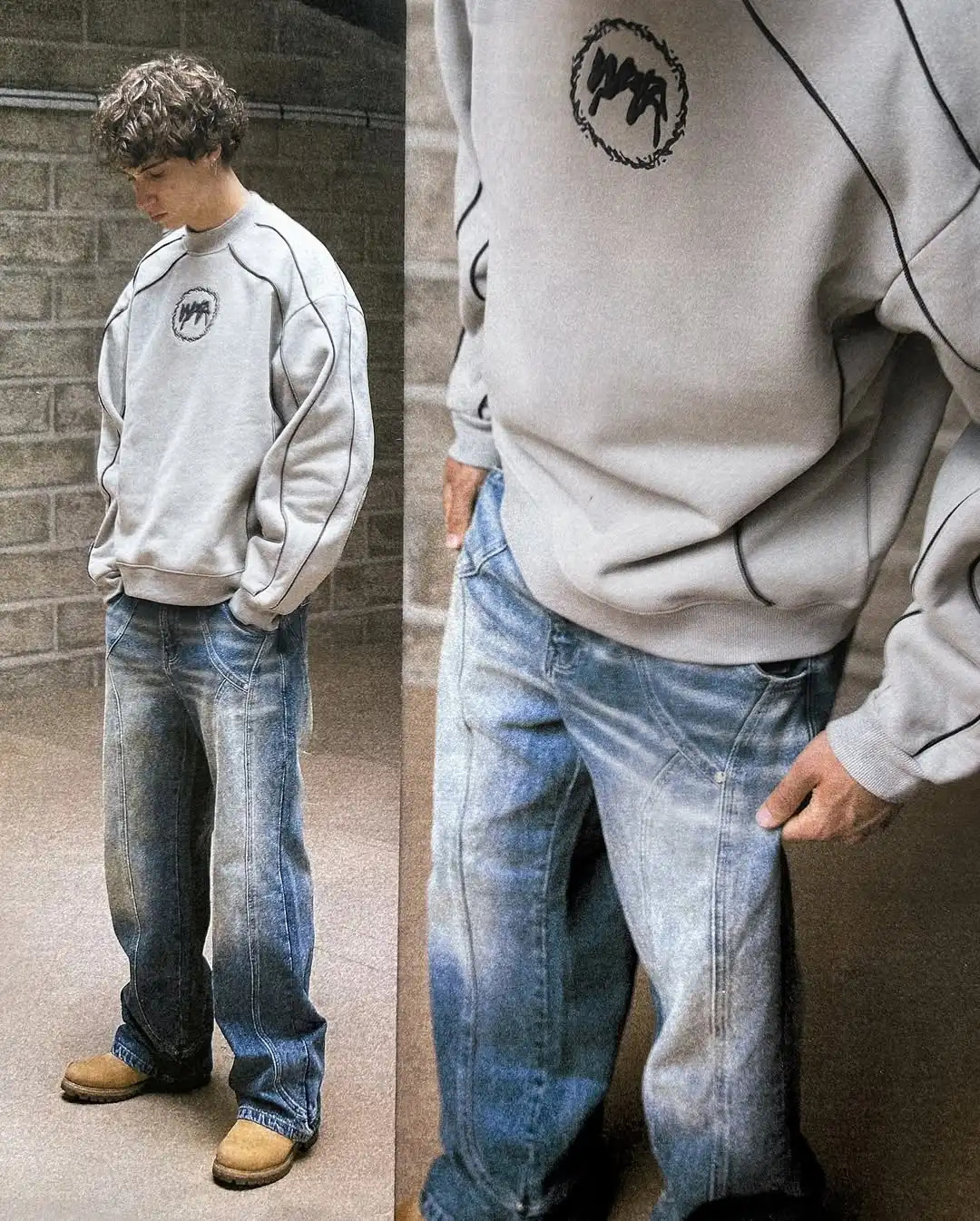 Harajuku Simple High-end Symmetrical Wrapping High-bright Lines Decoration Loose Sports Sweatshirt Mens Daily Autumn Top 250714