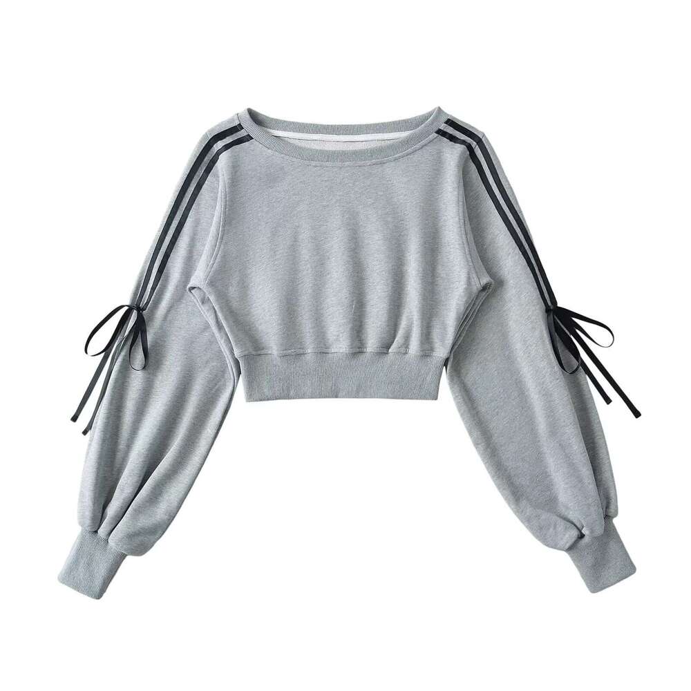 American Style Patchwork Pullover Sweatshirt For Women, Short New Autumn Hot Girl Lace-Up Loose Slimming Off-Shoulder Top B5